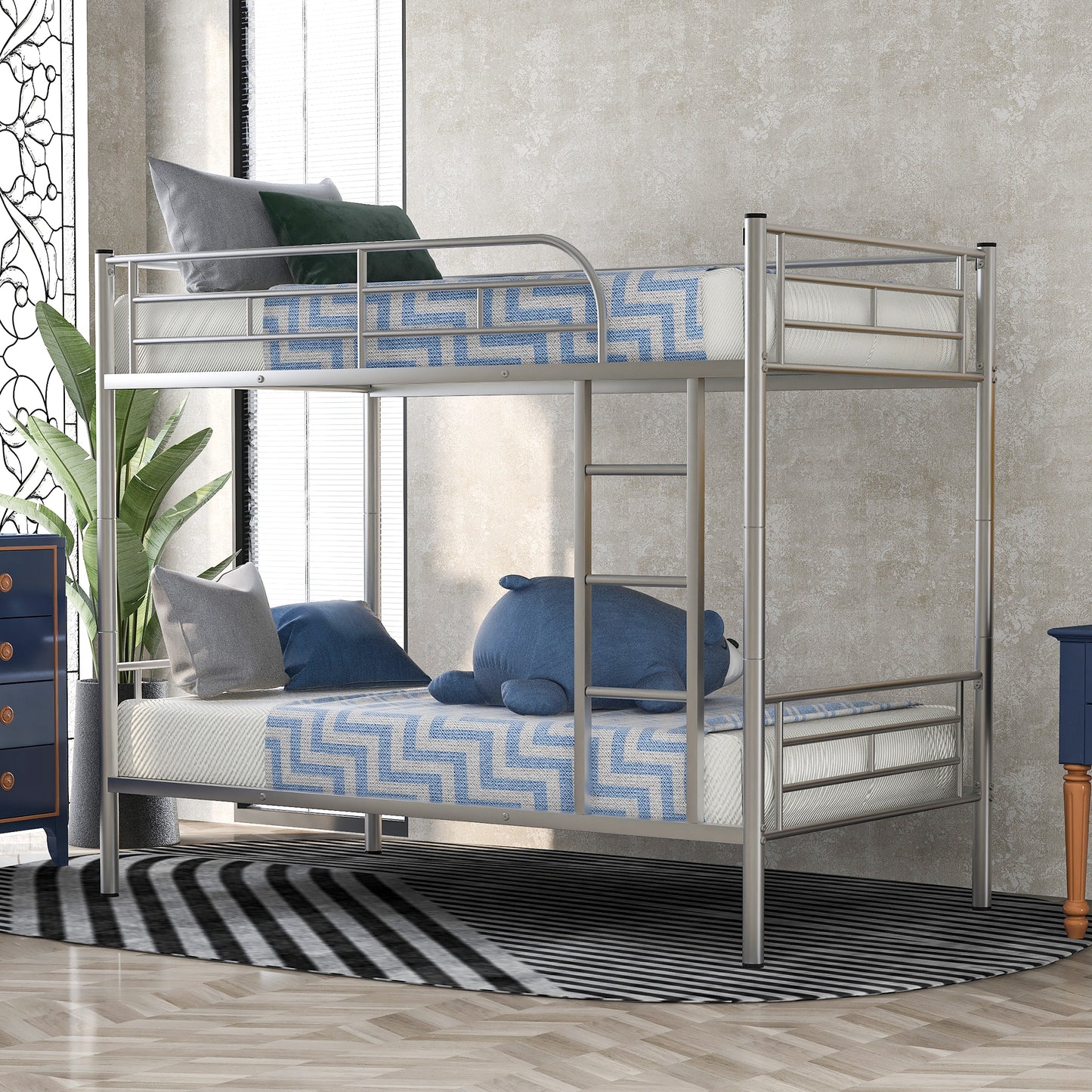 Contemporary Silver Twin Over Twin Metal Bunk Bed