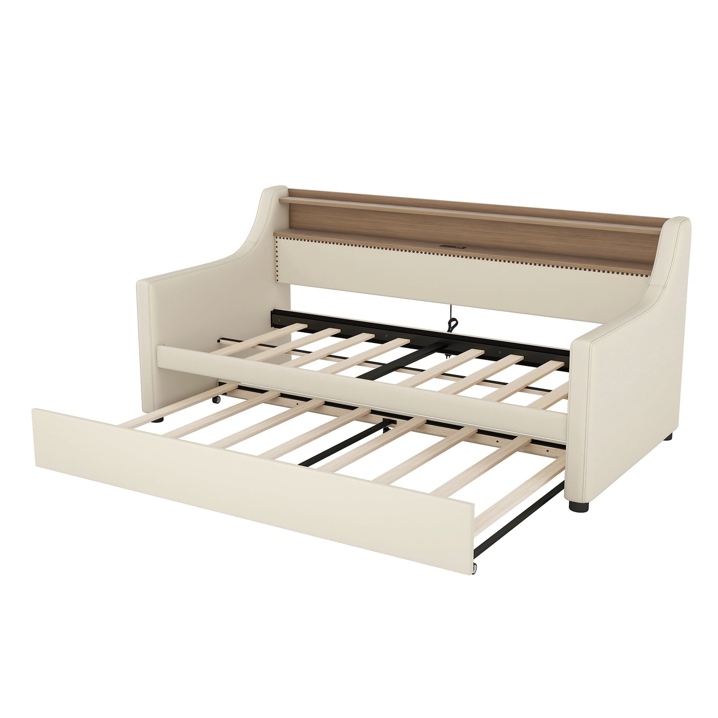 Beige Twin Size Upholstered Daybed with Trundle, USB Charging Station & LED Lighting