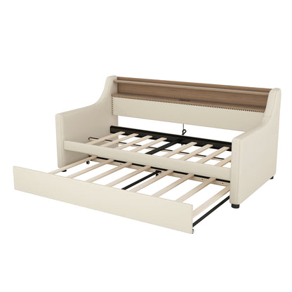 Beige Twin Size Upholstered Daybed with Trundle, USB Charging Station & LED Lighting