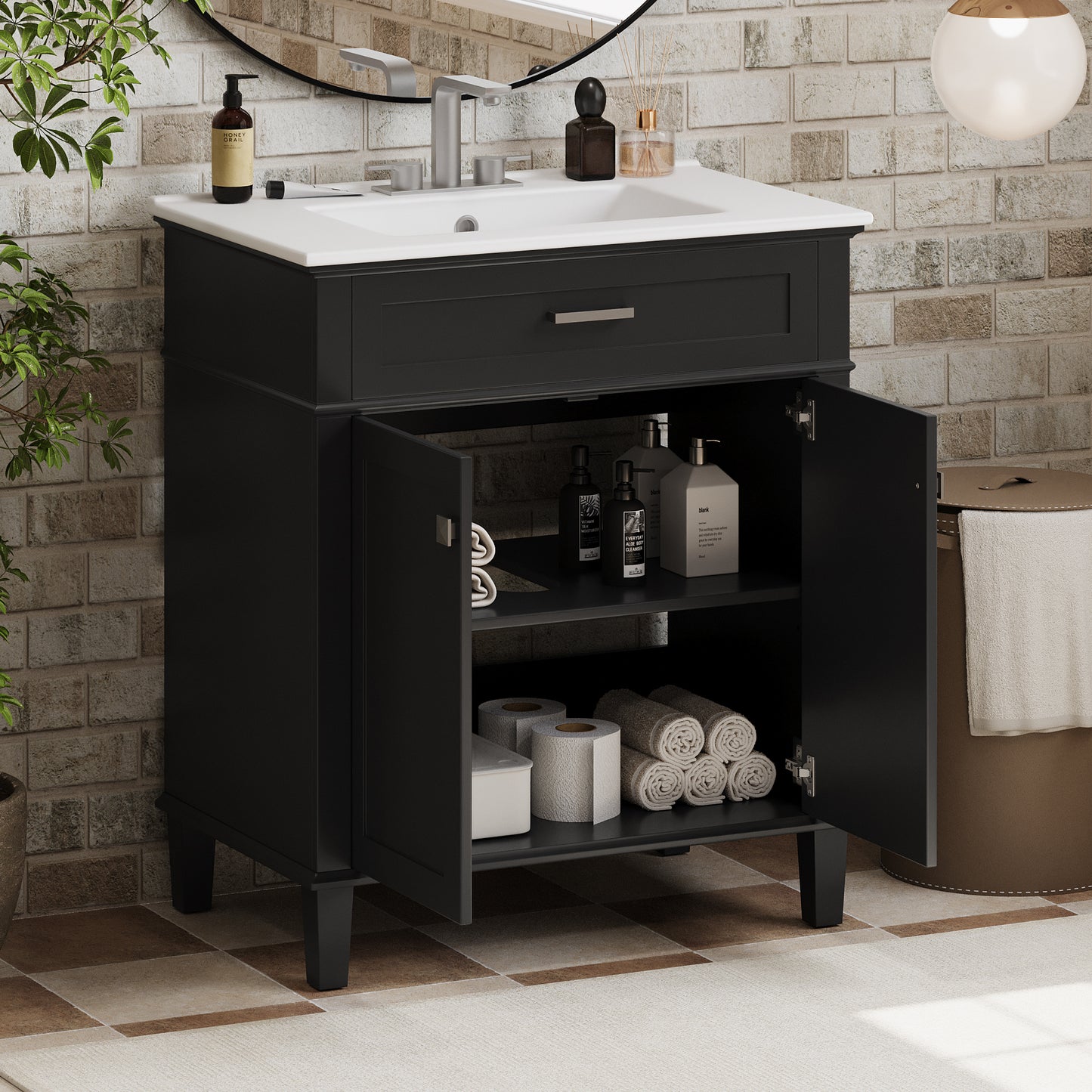 30-Inch Black Bathroom Vanity with Ceramic Sink, Soft-Close Doors, and Adjustable Storage Shelves