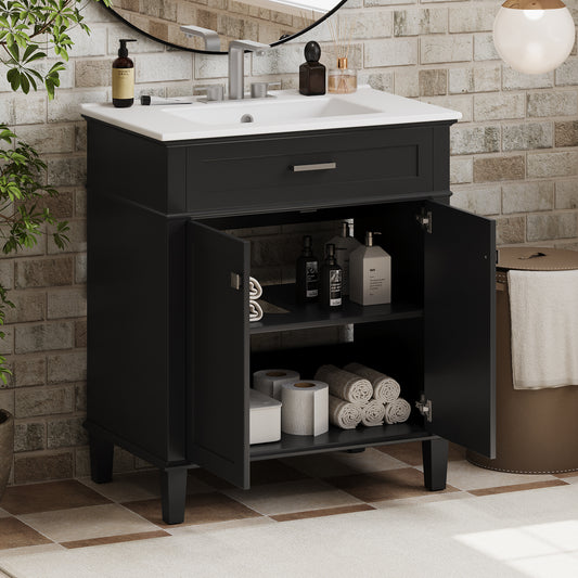 30-Inch Black Bathroom Vanity with Ceramic Sink, Soft-Close Doors, and Adjustable Storage Shelves