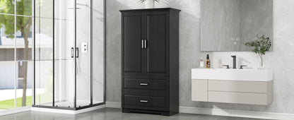 Black Tall Storage Cabinet with Adjustable Shelves, Doors, and Drawers - MDF Construction