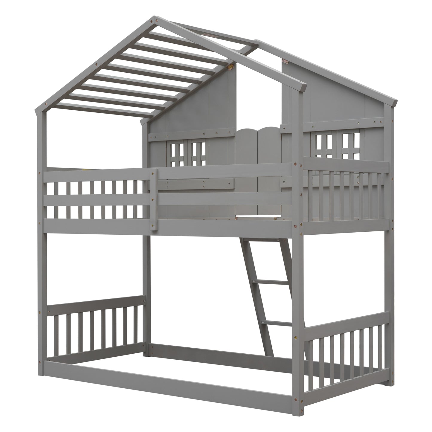 Twin House Bunk Bed for Kids with Roof and Windows - Twin Over Twin Design in Grey