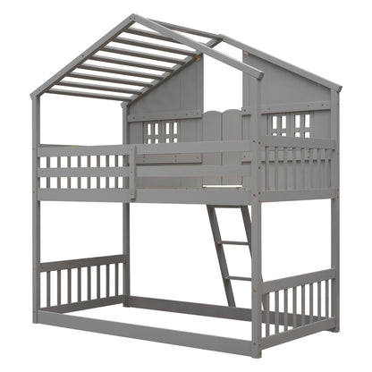 Twin House Bunk Bed for Kids with Roof and Windows - Twin Over Twin Design in Grey