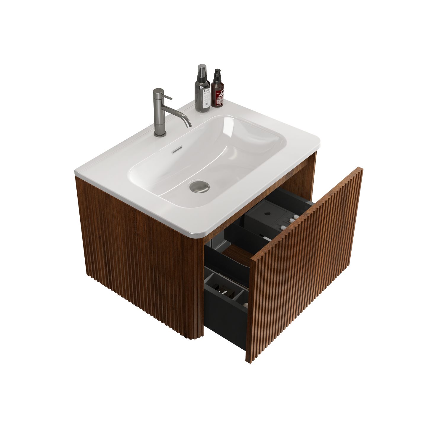24" Modern Floating Bathroom Vanity with White Ceramic Sink and Striped Walnut Finish, Pre-Assembled Wall-Mounted Design