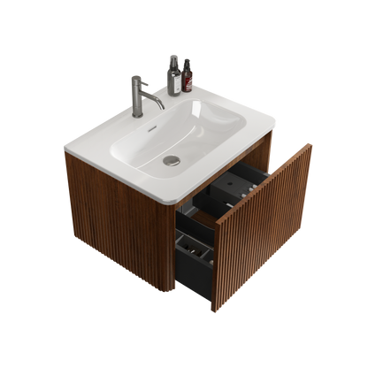 24" Modern Floating Bathroom Vanity with White Ceramic Sink and Striped Walnut Finish, Pre-Assembled Wall-Mounted Design