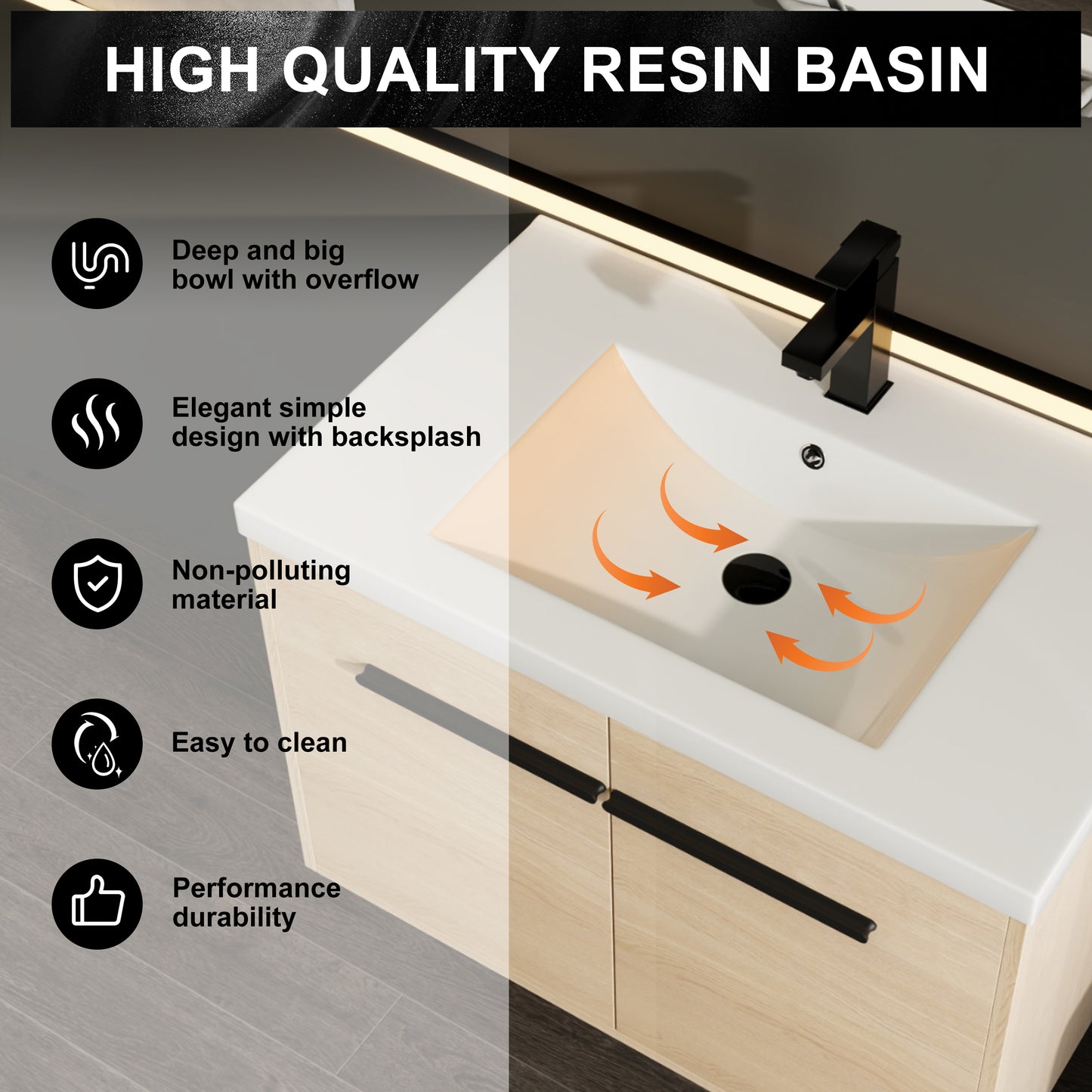 30-Inch Oak Bathroom Vanity Set with Resin Sink and Storage Cabinet