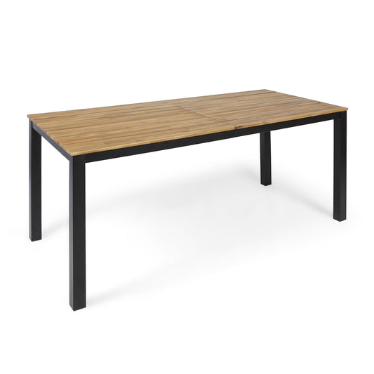Rectangular Outdoor Dining Table 71 Inch Long Teak and Acacia Wood Tabletop With Iron Legs Black