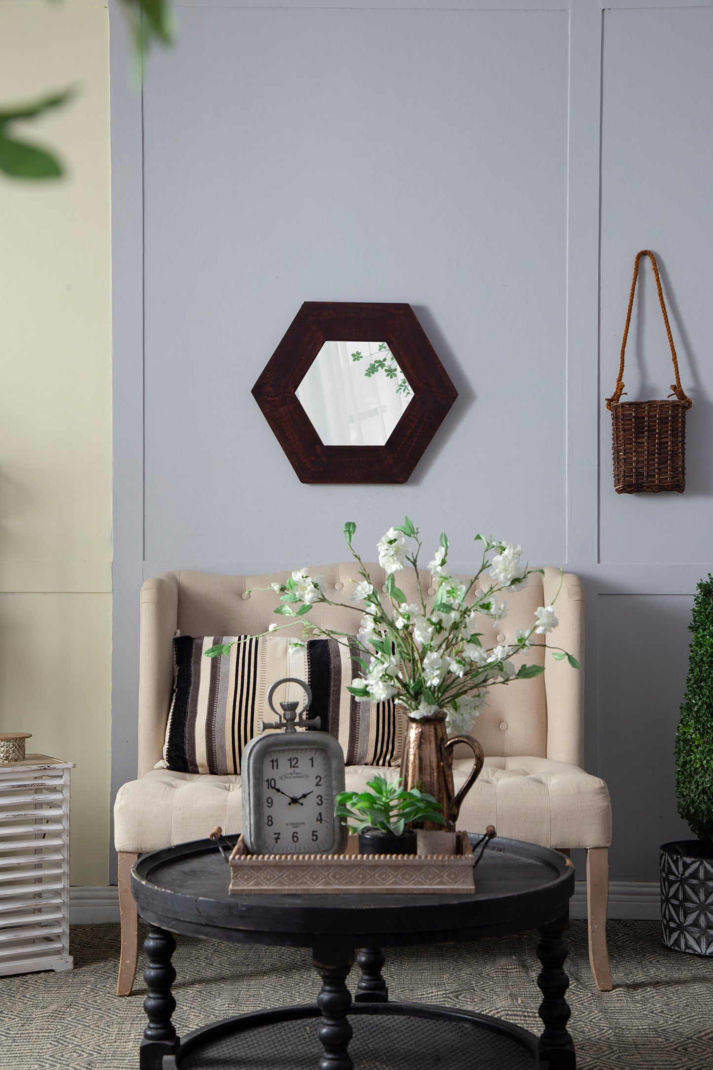 Hexagonal Teak Wood Framed Mirror - 18.5" Wall Decor for Living Room, Bathroom, or Hallway in Dark Brown