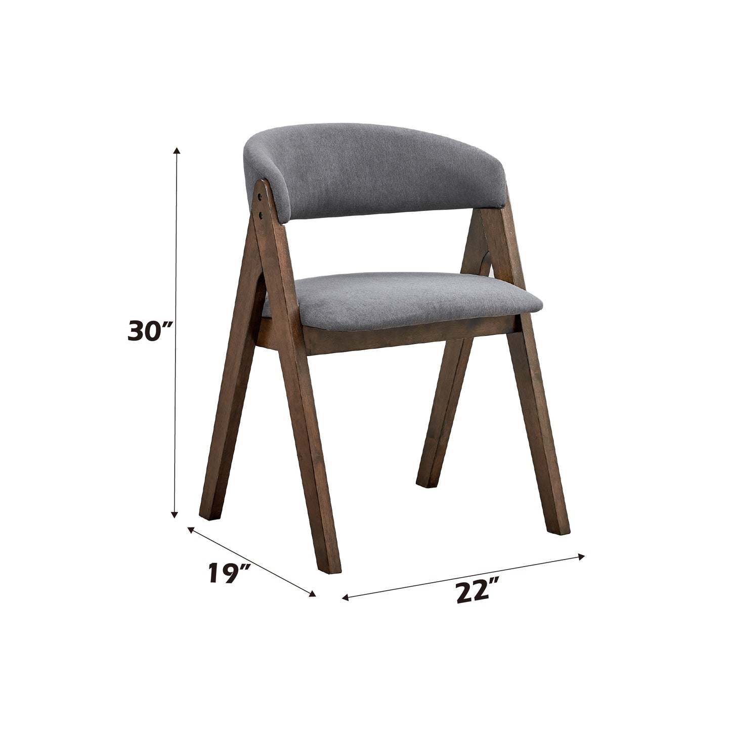 Set of 2 Modern Scandinavian Dining Chairs with Cushioned Seats, Gray Fabric, Walnut Finish, Gray
