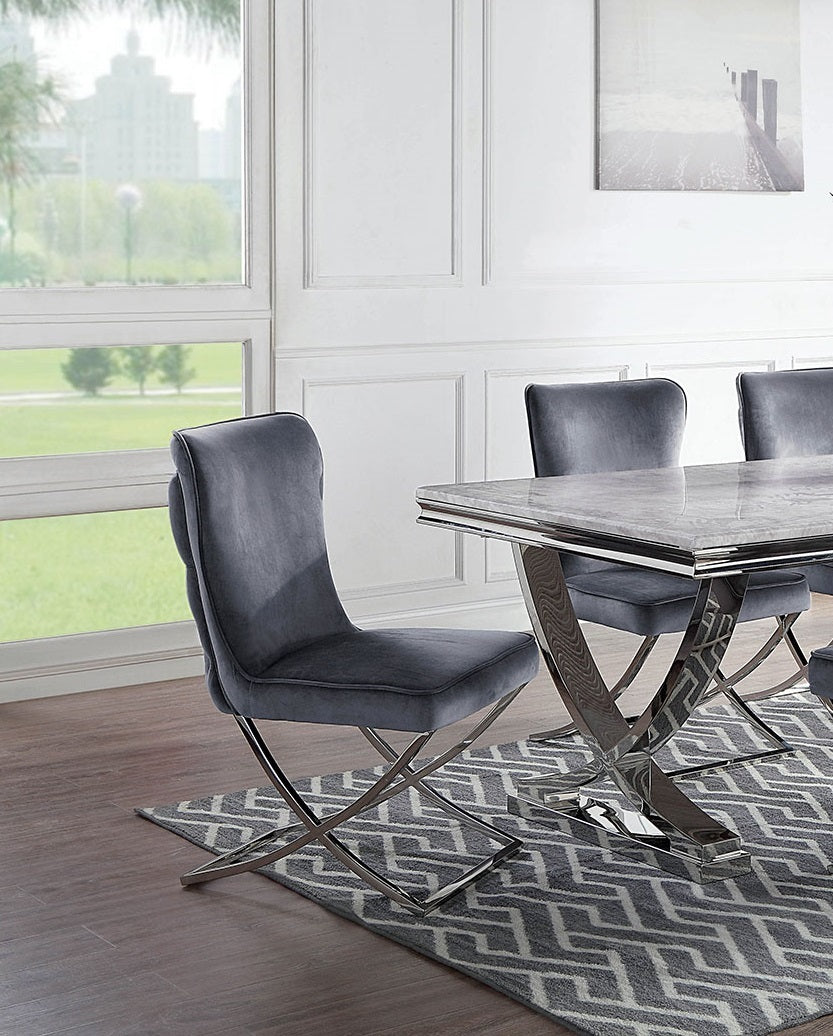 2 Velvet Dining Chairs with Button-Tufted Upholstery, Chrome Frame, 20.75W x 26.5D x 38H, Glam, Gray
