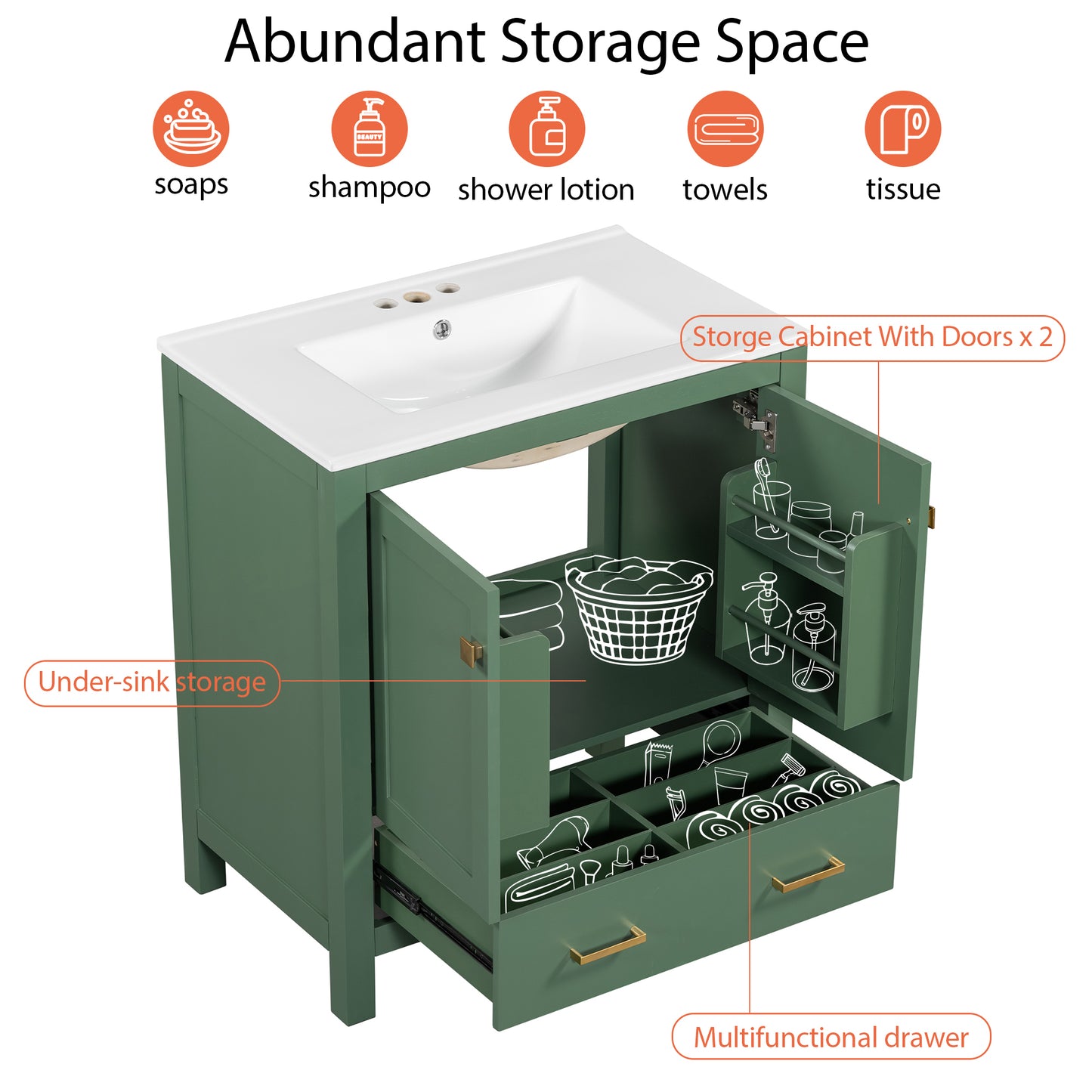 30" Elegant Green Bathroom Storage Vanity with Integrated Undermount Sink and Soft-Close Features
