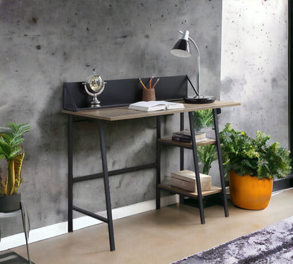 Modern Rustic Oak Writing Desk with Black Metal Legs and Storage Shelves