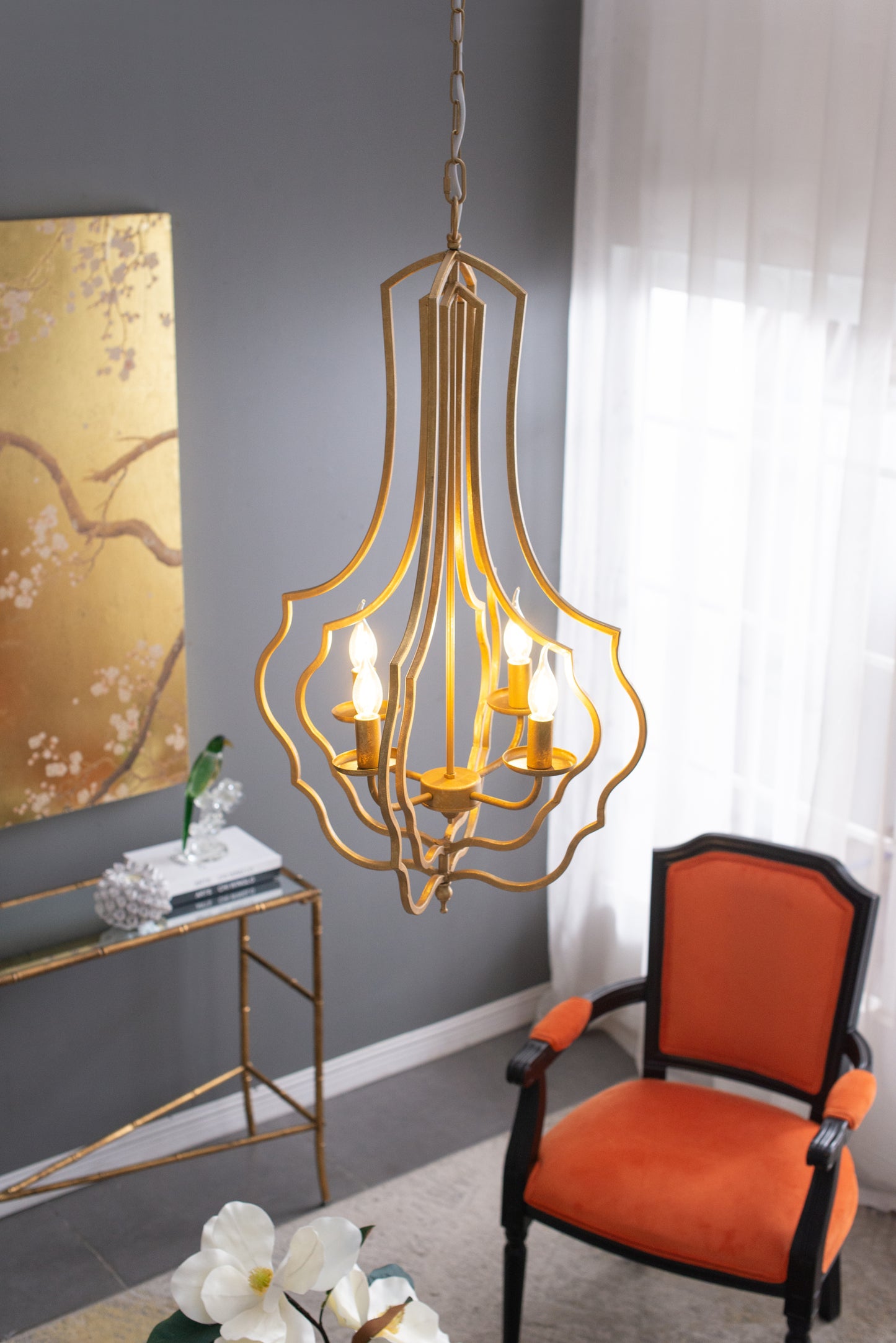 4-Light Iron Chandelier with Chain for Kitchen/Dining, 19.5in Square, 35in Height, 60W E12 Antique Gold