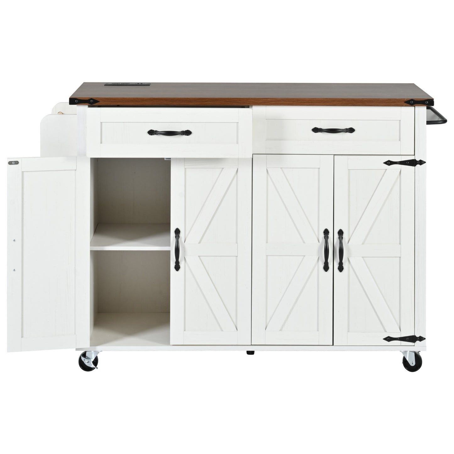 Farmhouse Rolling Kitchen Island with Power Outlet, Drop Leaf, Spice Rack, and Storage Drawers - 53.5'' White Cart for Kitchen and Dining Room