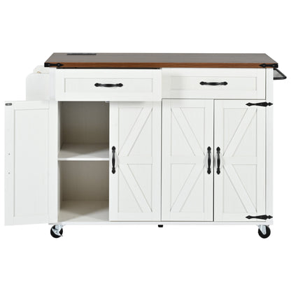 Farmhouse Rolling Kitchen Island with Power Outlet, Drop Leaf, Spice Rack, and Storage Drawers - 53.5'' White Cart for Kitchen and Dining Room