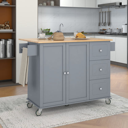 Versatile Rolling Kitchen Island with Solid Wood Top, Locking Wheels & Ample Storage - 52.7 Inch (Grey Blue)