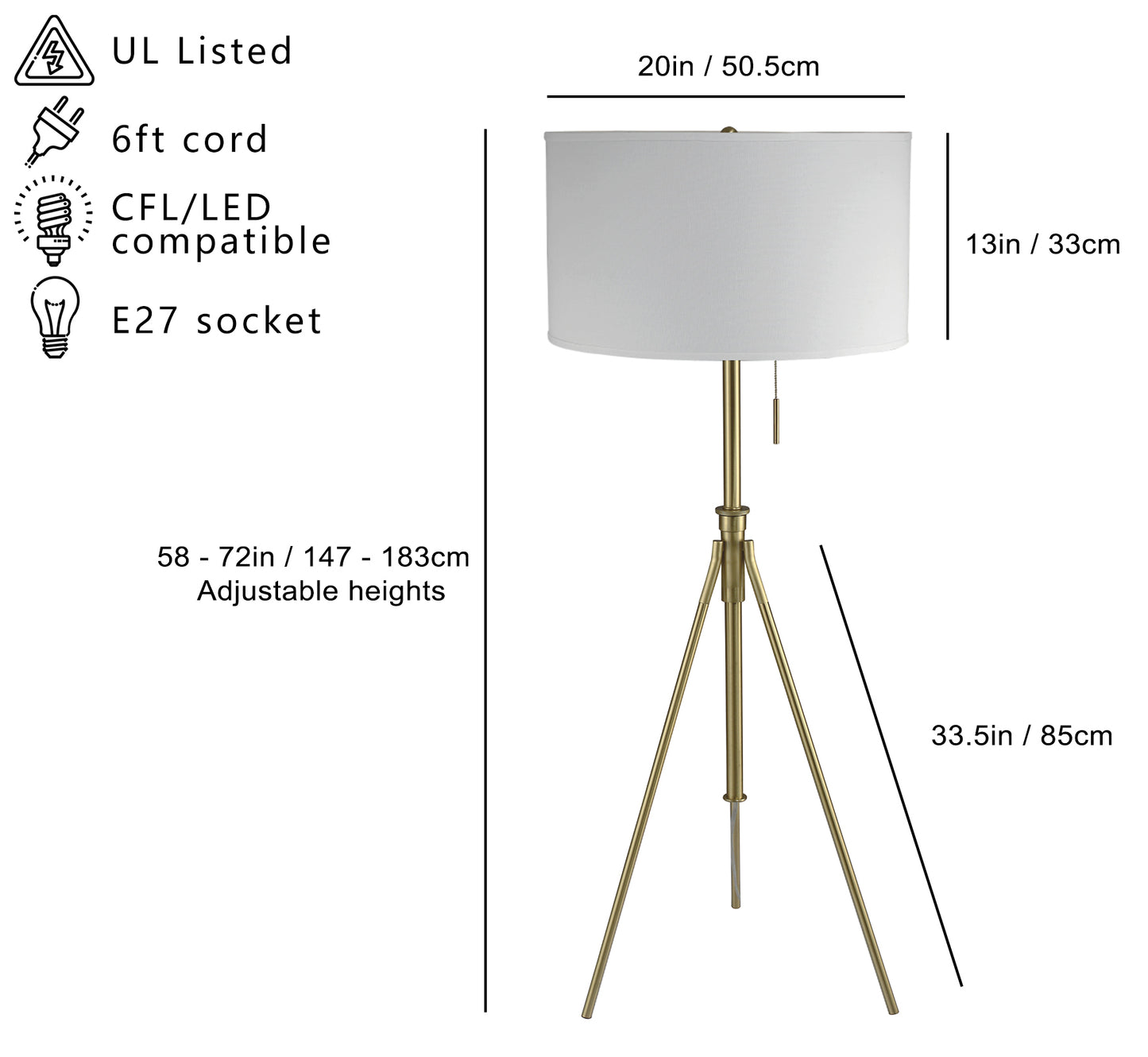58" - 72"H Adjustable Tripod Floor w/ KD Shade (1PCS/CTN)   (1.78/9.9)