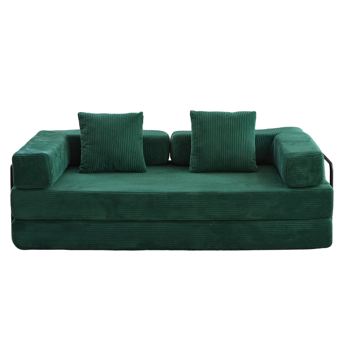 Convertible Floor Sofa Bed with Pillow Back, 3-Seat Futon, Corduroy Fabric, Memory Foam Cushions - Dark Green