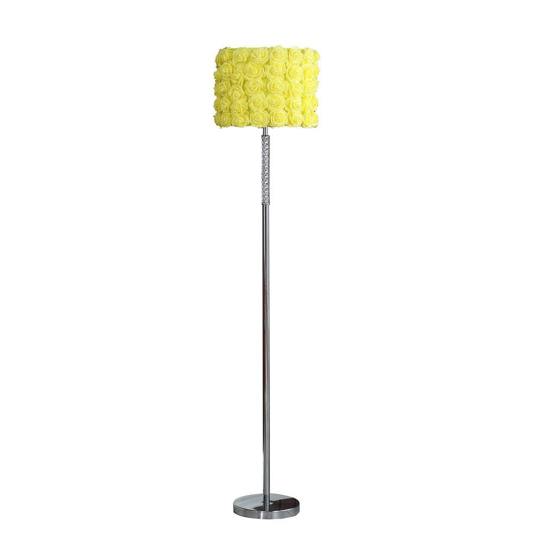 63-Inch Floor Lamp with Acrylic Twisted Body, Silver Chrome Base, Rose Shade, Yellow Roses in Bloom