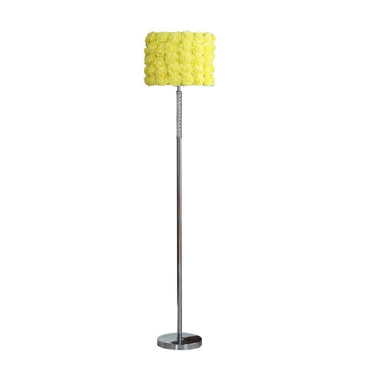 63-Inch Floor Lamp with Acrylic Twisted Body, Silver Chrome Base, Rose Shade, Yellow Roses in Bloom