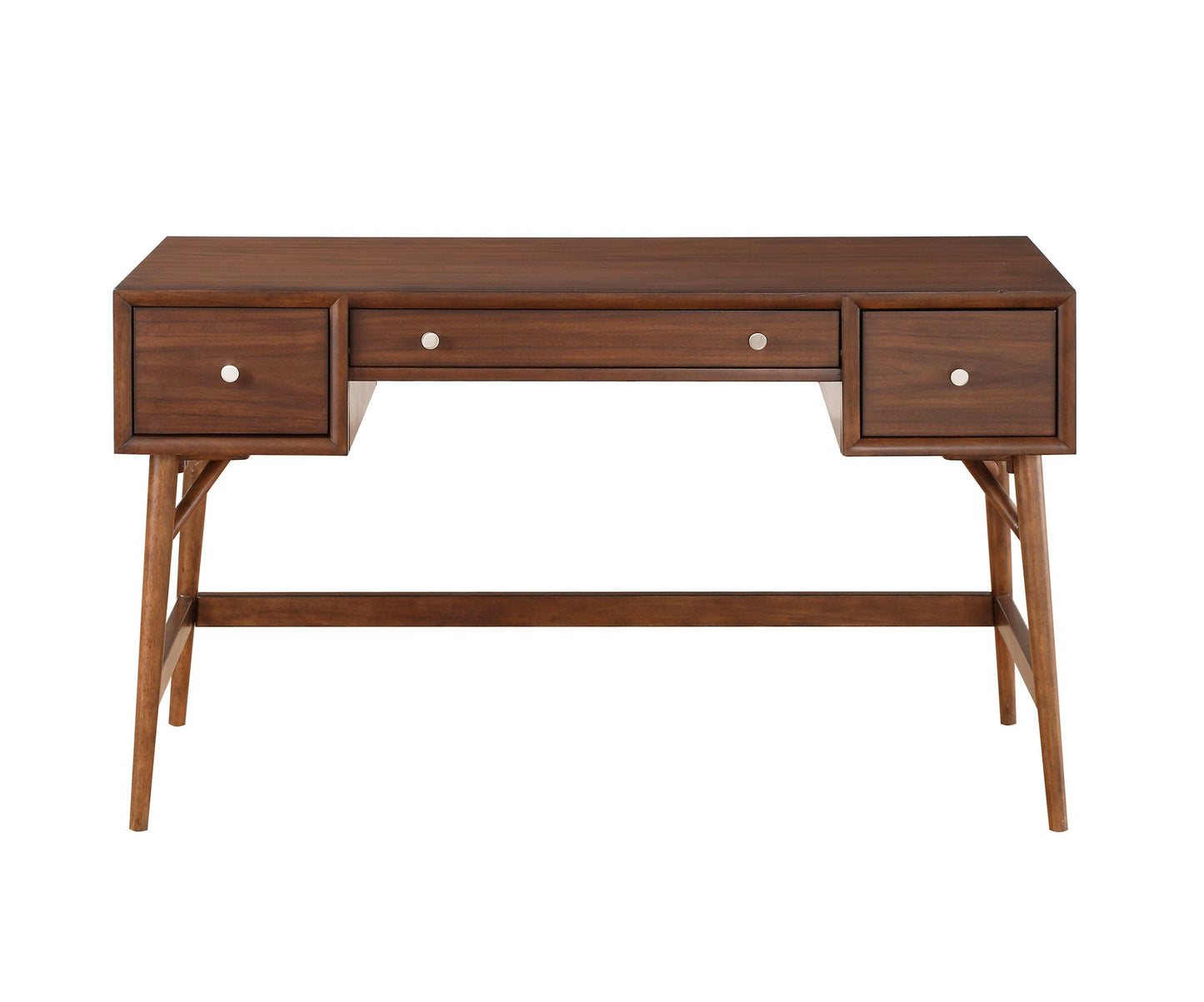 Mid-Century Modern Walnut Veneer Writing Desk with Storage Drawers and Nickel Knob Accents