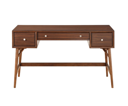 Mid-Century Modern Walnut Veneer Writing Desk with Storage Drawers and Nickel Knob Accents