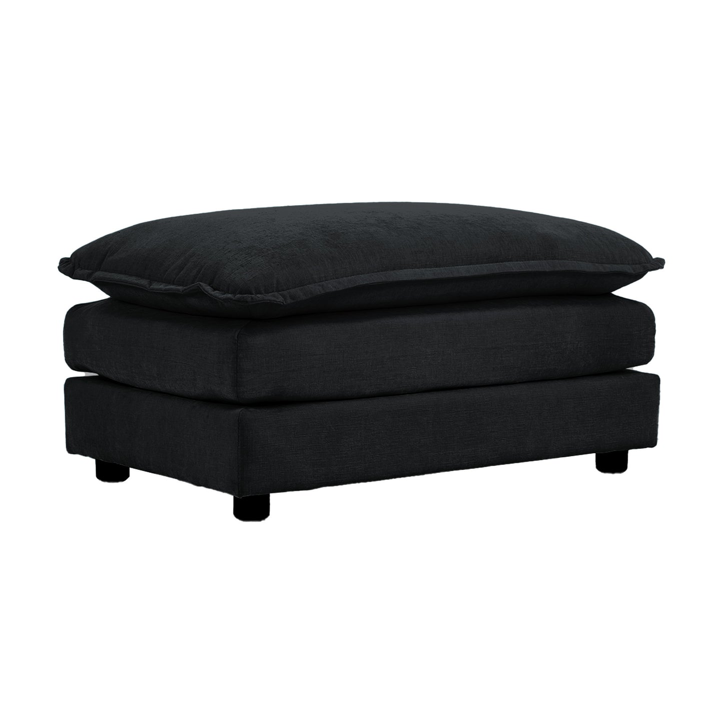 Chenille Ottoman Footstool - Cushioned, Solid Wood Frame - Black