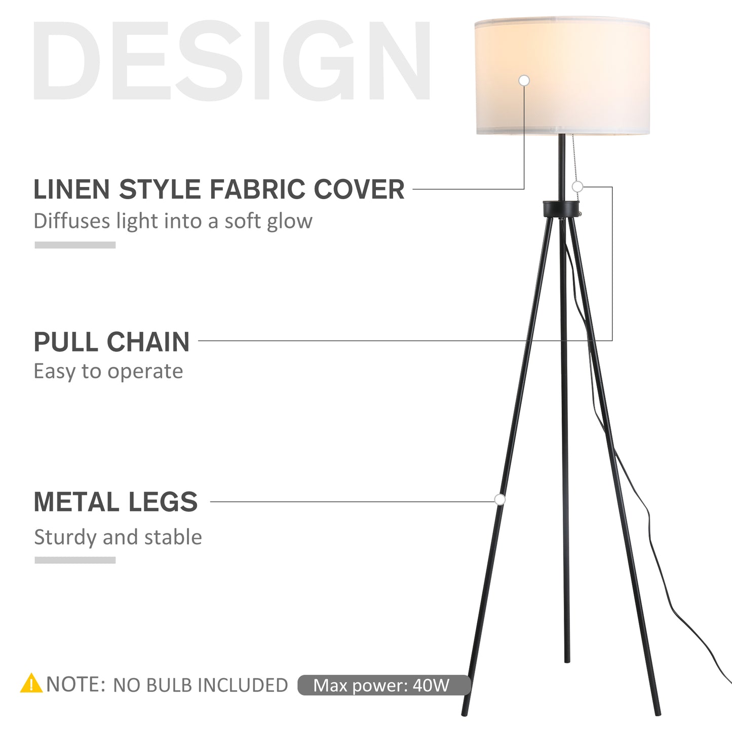 59.75-Inch Tripod Floor Lamp with Pull Chain, Steel Frame, Fabric Shade, E26 Socket, 118-Inch Cord, Black