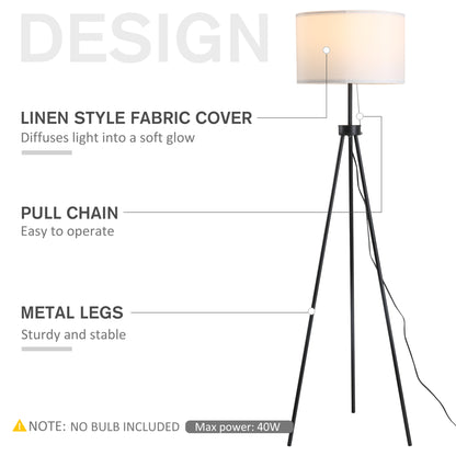 59.75-Inch Tripod Floor Lamp with Pull Chain, Steel Frame, Fabric Shade, E26 Socket, 118-Inch Cord, Black