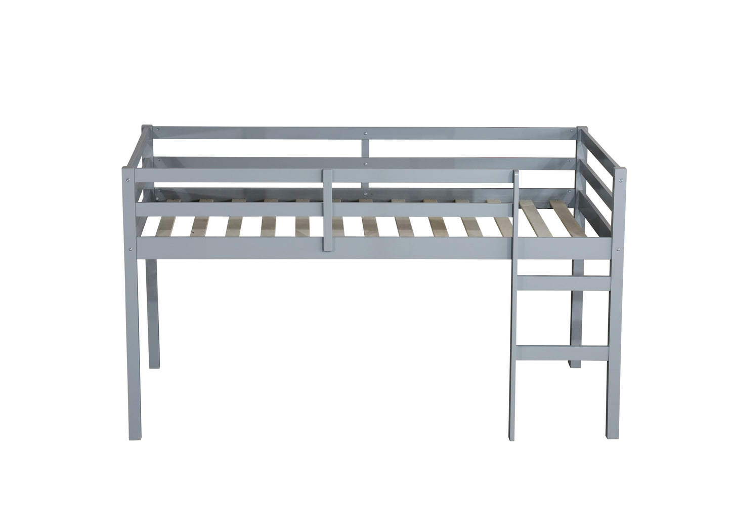 Grey Solid Rubber Wood Twin Loft Bed with Ladder and Sturdy Slat Support