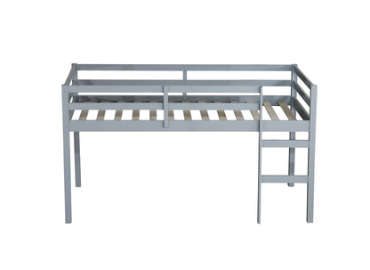 Grey Solid Rubber Wood Twin Loft Bed with Ladder and Sturdy Slat Support
