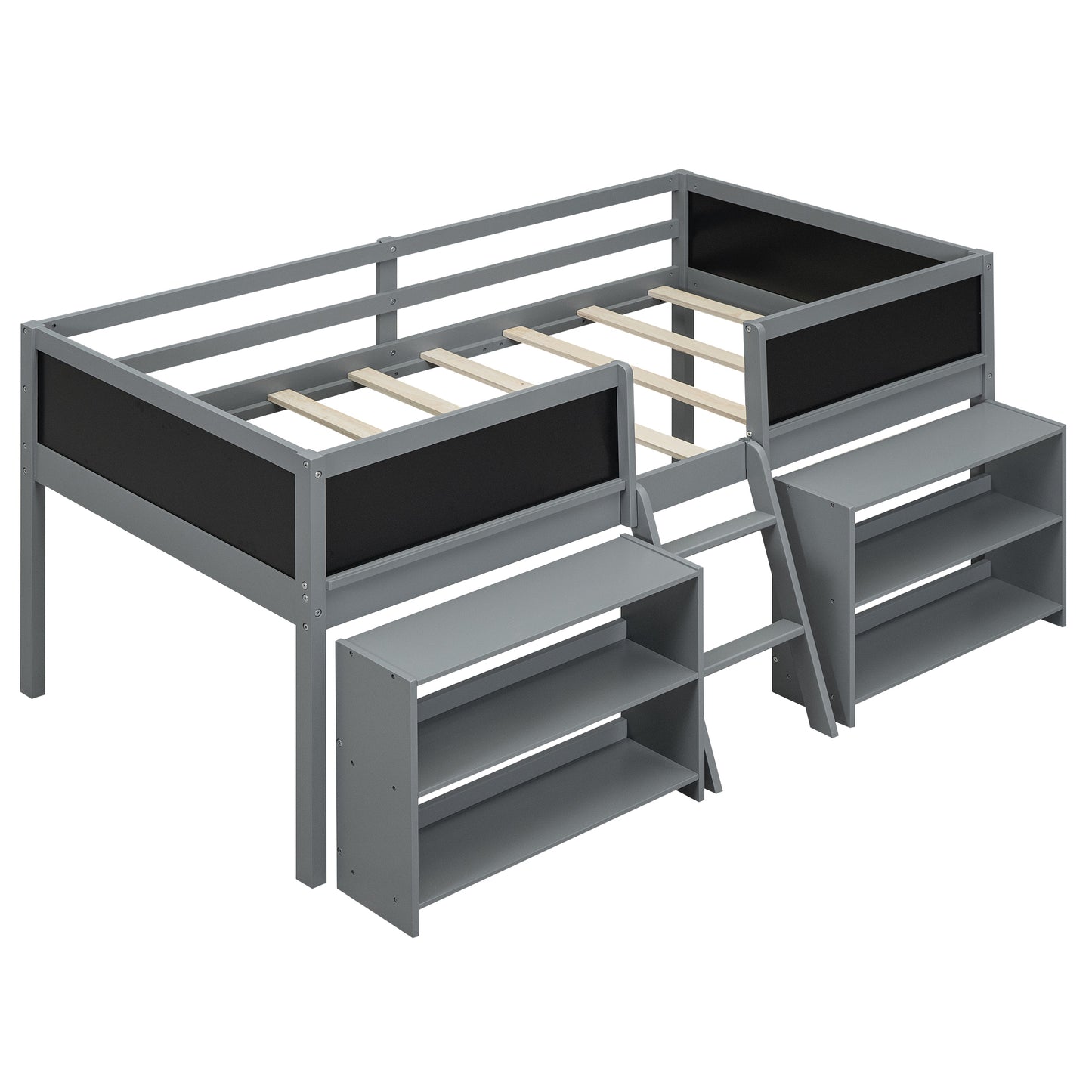 Twin Size Low Loft Bed with Creative Chalkboard Guardrails and Adjustable Storage Shelves, Gray