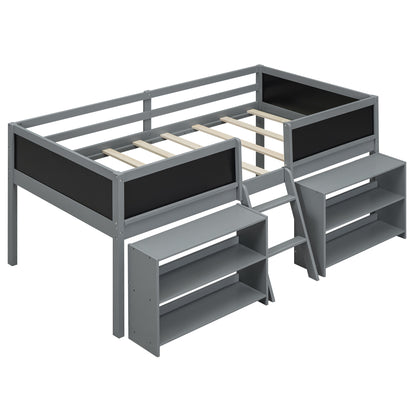 Twin Size Low Loft Bed with Creative Chalkboard Guardrails and Adjustable Storage Shelves, Gray