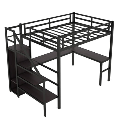 Twin XL Metal Loft Bed with L-shaped Desk, USB Charging Station, Wardrobe, and LED Lights - Stylish Space-Saving Solution for Teens and Adults in Black