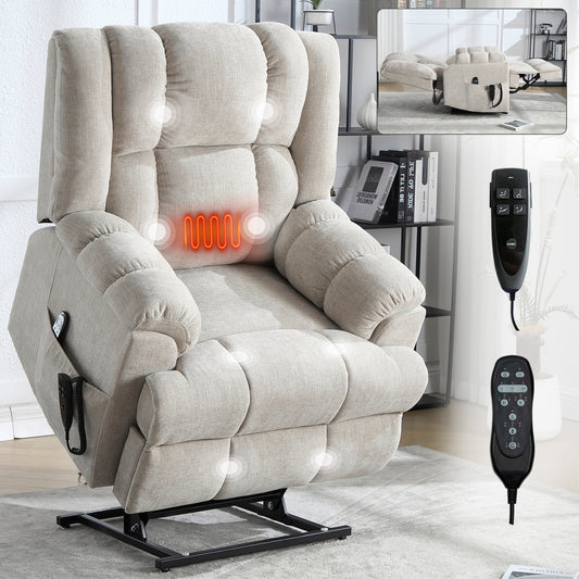 Dual-Motor Power Lift Recliner with Massage and Lumbar Heat, 350 LBS Capacity, Remote, Heavy-Duty, Beige