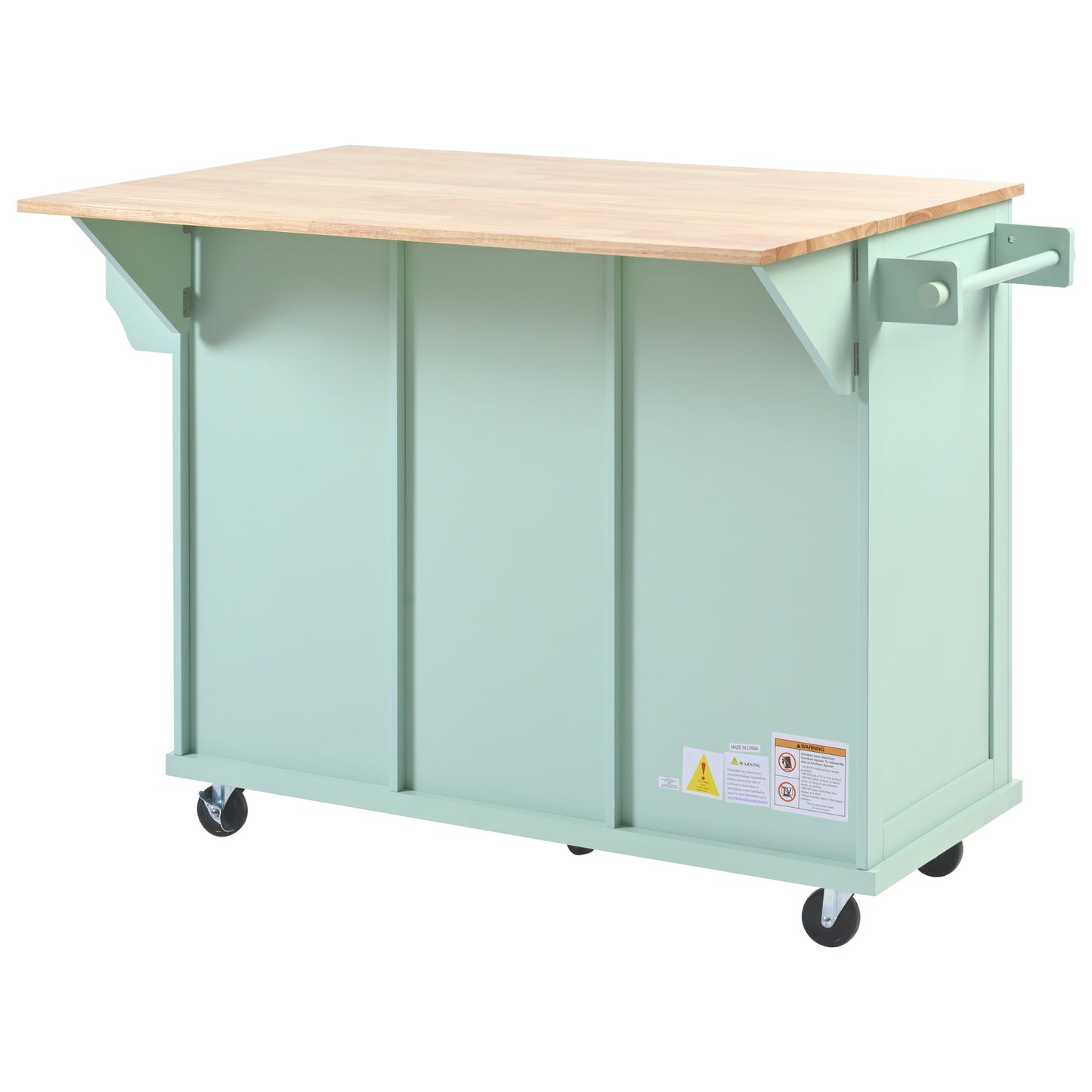 Mint Green Kitchen Island Cart with Drop-Leaf Rubberwood Top, Storage Cabinet, and 3 Drawers on Wheels