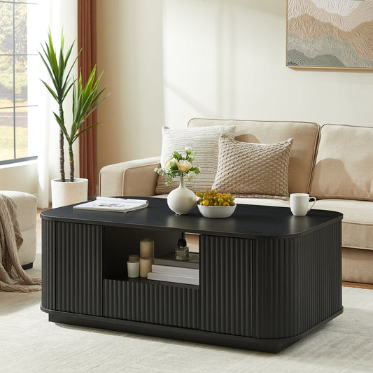Oval Modern Coffee Table with 2 Drawers, Open Shelf, Hidden Storage, 46.5L x 27.2W x 17.7H, Black