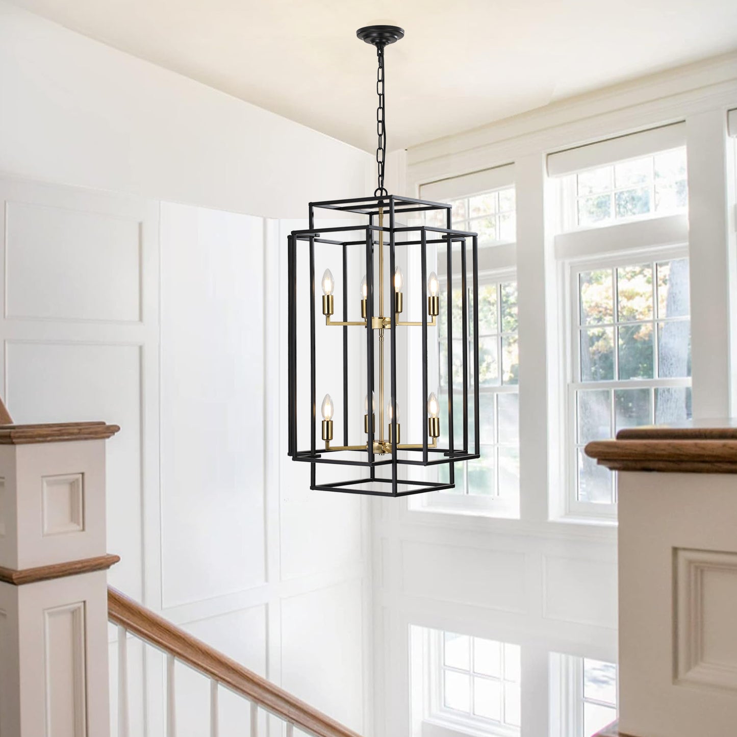 8-Light Lantern Pendant Industrial Farmhouse Chandelier Kitchen Island 60in Adjustable Boom Black & Gold