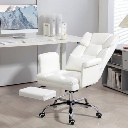 Luxurious White PU Leather Ergonomic Office Chair with Reclining Function, Footrest, and Lumbar Support