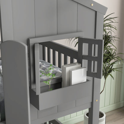 Twin House Bunk Bed for Kids with Roof and Windows - Twin Over Twin Design in Grey