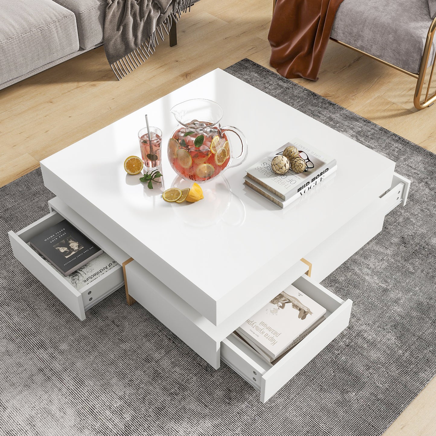 Square Modern Coffee Table with 4 Drawers, 31.5in sq, 15mm Particle Board, Wood Grain Legs, Glossy White