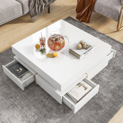 Square Modern Coffee Table with 4 Drawers, 31.5in sq, 15mm Particle Board, Wood Grain Legs, Glossy White