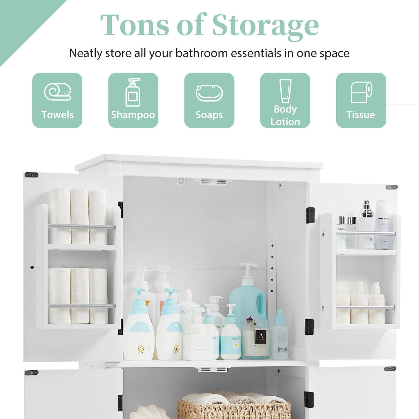 Stylish Freestanding Bathroom Storage Cabinet with 4 Adjustable Shelves, White MDF Unit