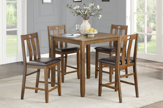 Counter Height Set 36In Table Padded 4 Chairs Brown Finish