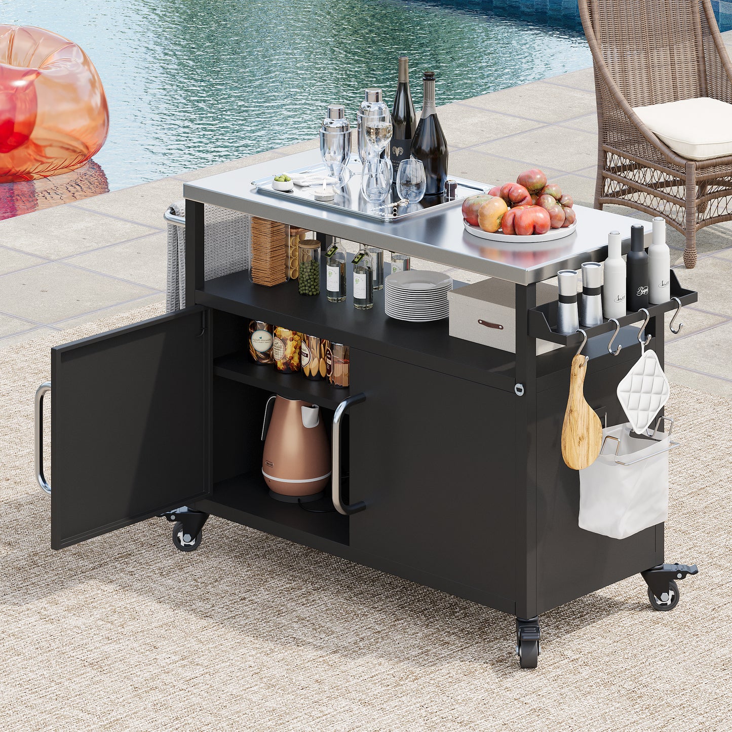 Outdoor Kitchen Island With Stainless Steel Tabletop Grill Cart Storage Cabinet Spice Rack Four Lockable Wheels Black