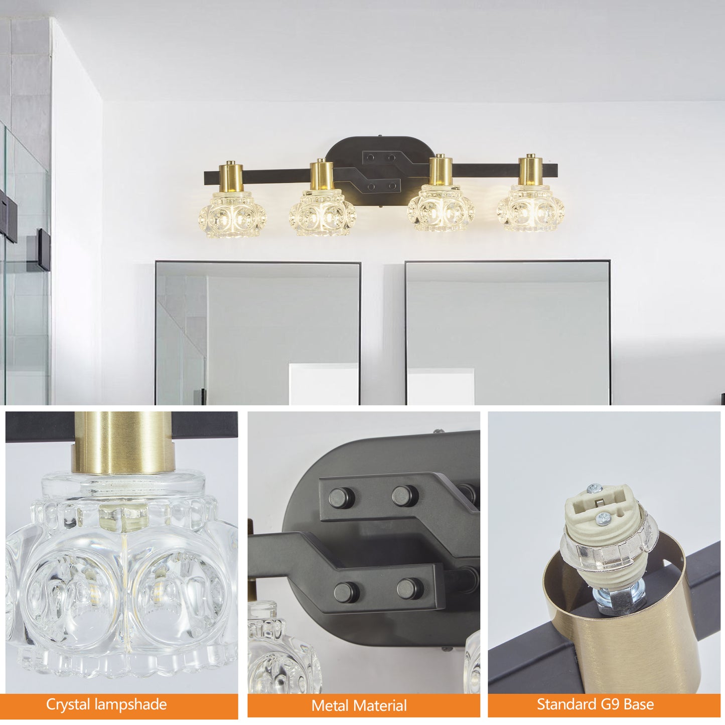 Vintage 4-Light Wall Sconce with Crystal Shades for Hallway or Bathroom Vanity, Black Iron Finish