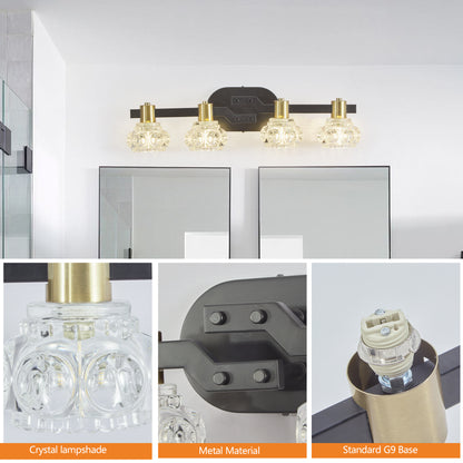 Vintage 4-Light Wall Sconce with Crystal Shades for Hallway or Bathroom Vanity, Black Iron Finish