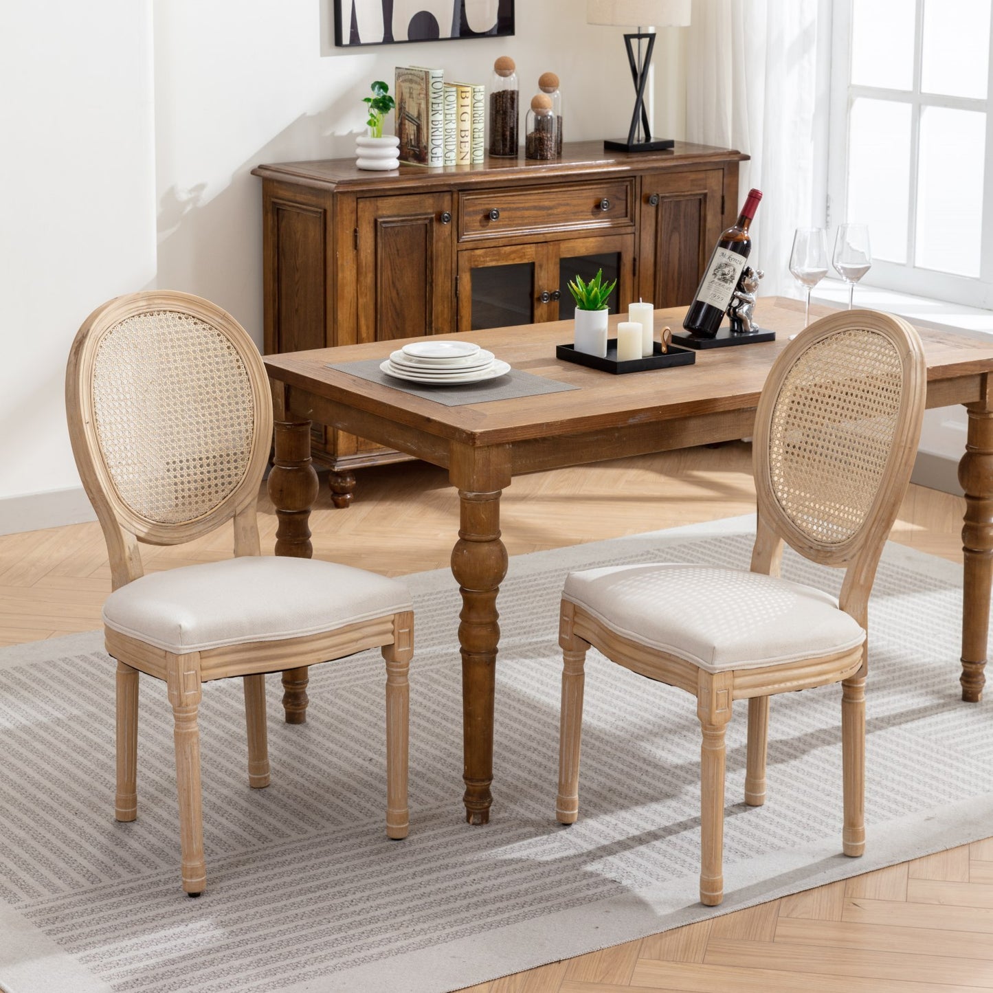 French-Style Solid Wood Dining Chair Set of 2, Linen, Rattan Back, Foam & Steel Spring Cushions, Beige