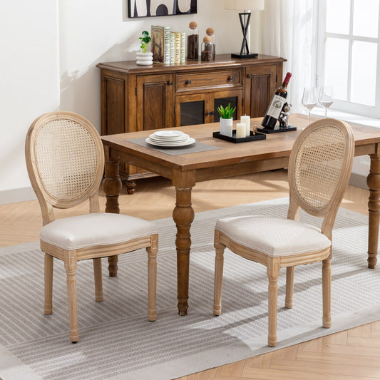 French-Style Solid Wood Dining Chair Set of 2, Linen, Rattan Back, Foam & Steel Spring Cushions, Beige